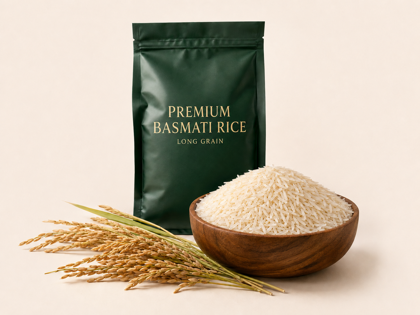 Premium basmati rice with long-grain rice in a wooden bowl