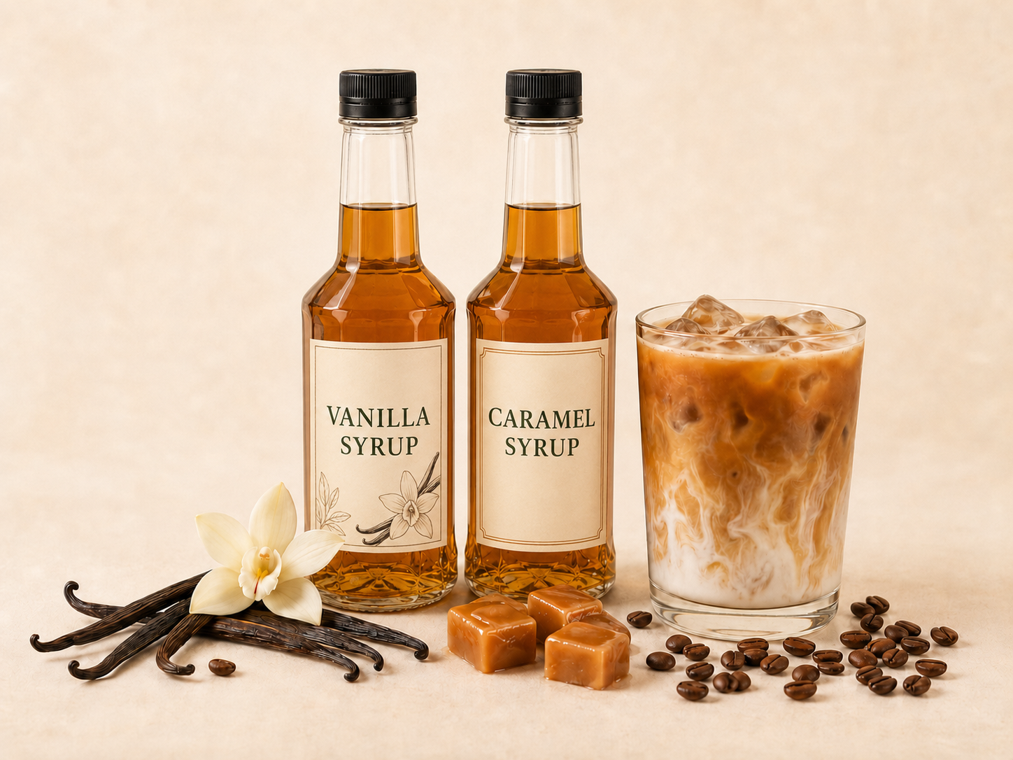 Coffee syrup bottles with iced coffee, vanilla and caramel