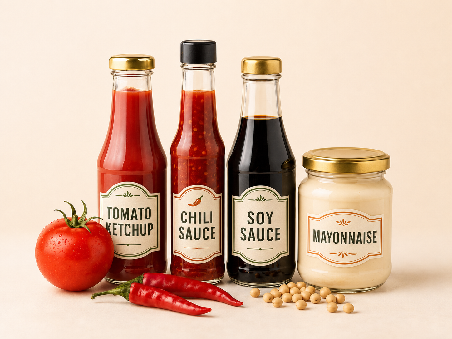 Ketchup, chili sauce, soy sauce and mayonnaise